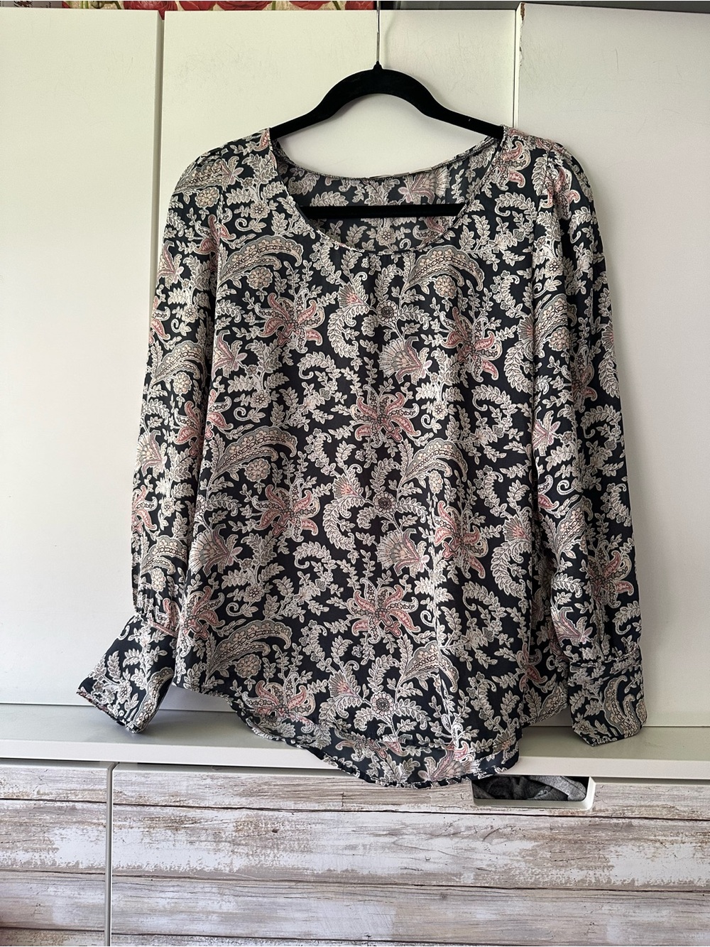 🖤 LOFT Paisley Blouse XS Black Pink Long Sleeve Split Neck Boho Top